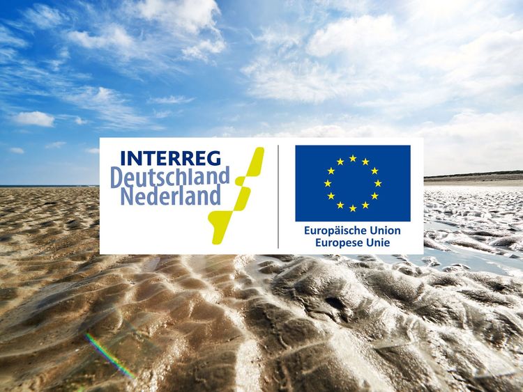Das Logo der Interreg Deutschland Niederlande auf einem Wattenmeer Foto